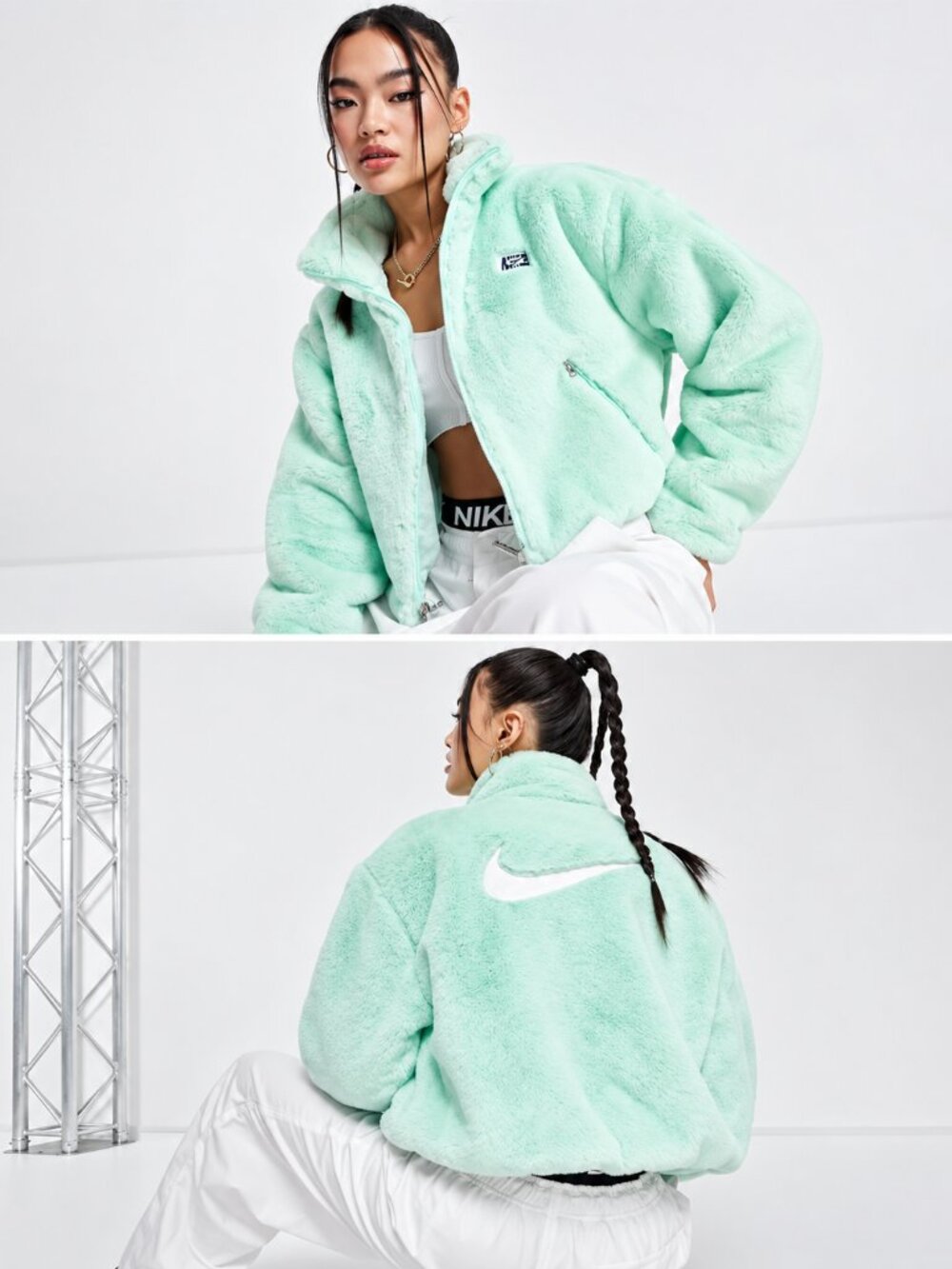 Nike Icon Clash DV5139-379 Faux Fur Jacket Women Mint Green Cozy Oversized L
